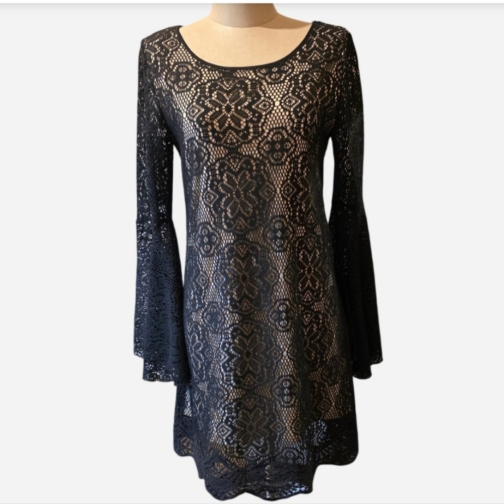 Ryan Michelle • Black Crochet Lace Dress with Beige/Nude Underlay.  Sz Med.